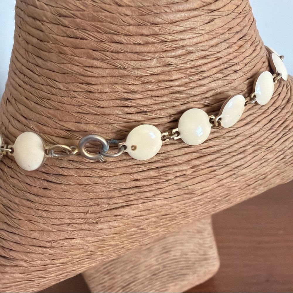 Vintage Enamel Link Necklace Goldtone Cream Ivory Colored Discs 15 Inches - Picture 5 of 5